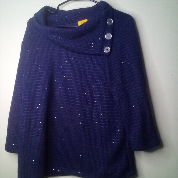 Ruby Rd Sweater M Women Pullover 3/4 Sleeve Cowl Neck Button Detail Blue - Picture 1 of 14